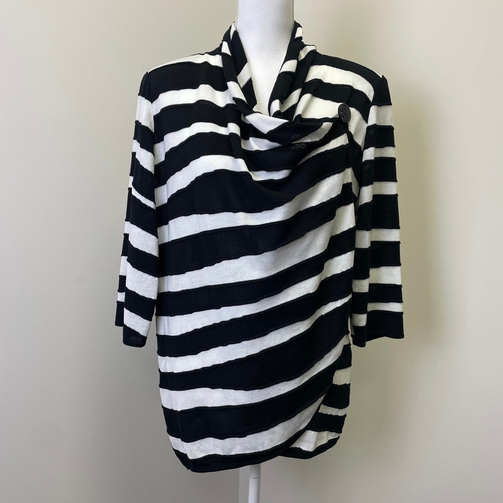 Ming Wang Black White Striped Button Wrap Cardigan L Cowl Neck Sweater Drapped